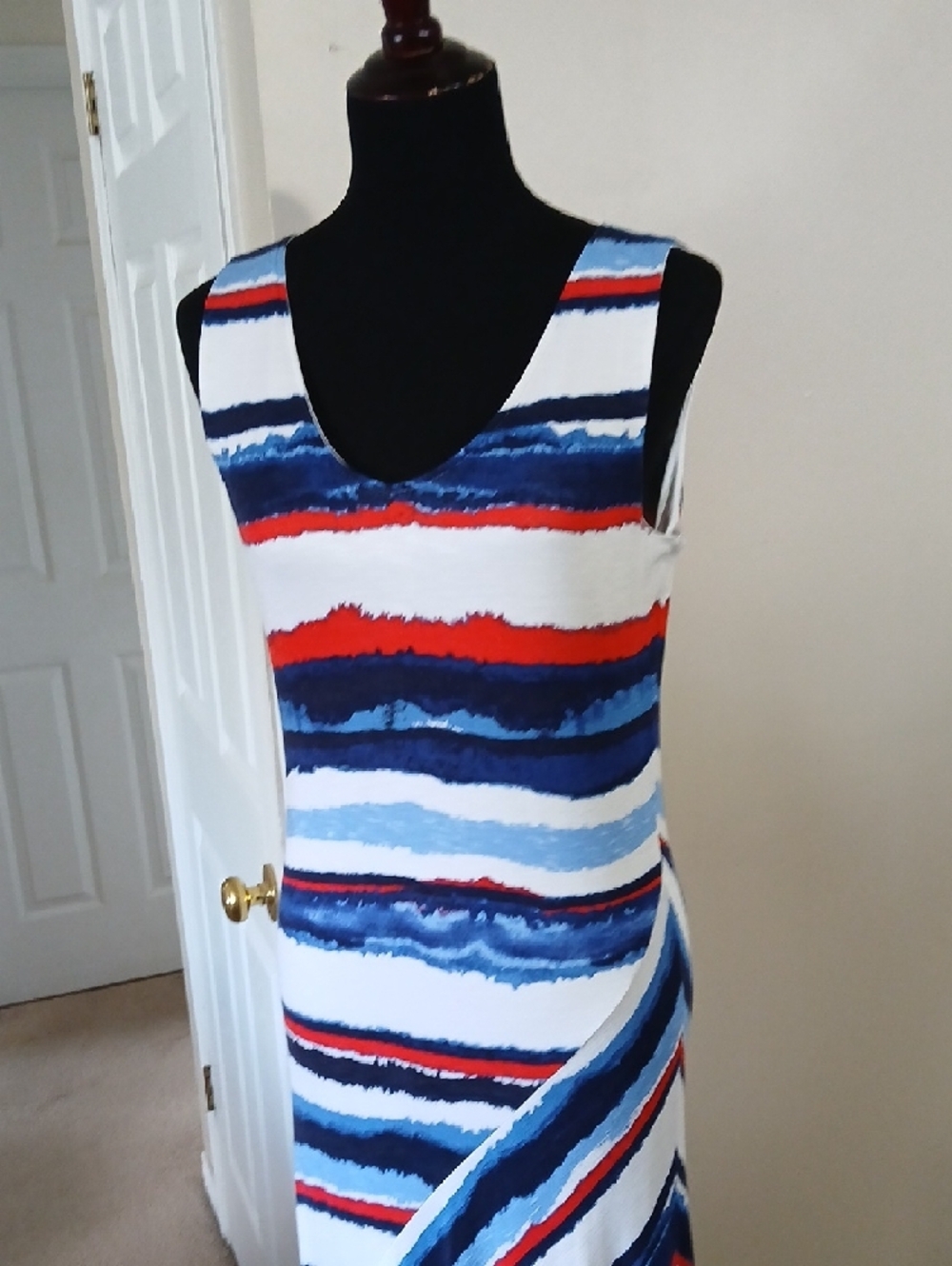 Tribal Sleeveless Maxi Dress in White, Blue & Red Stripes - Picture 13 of 14